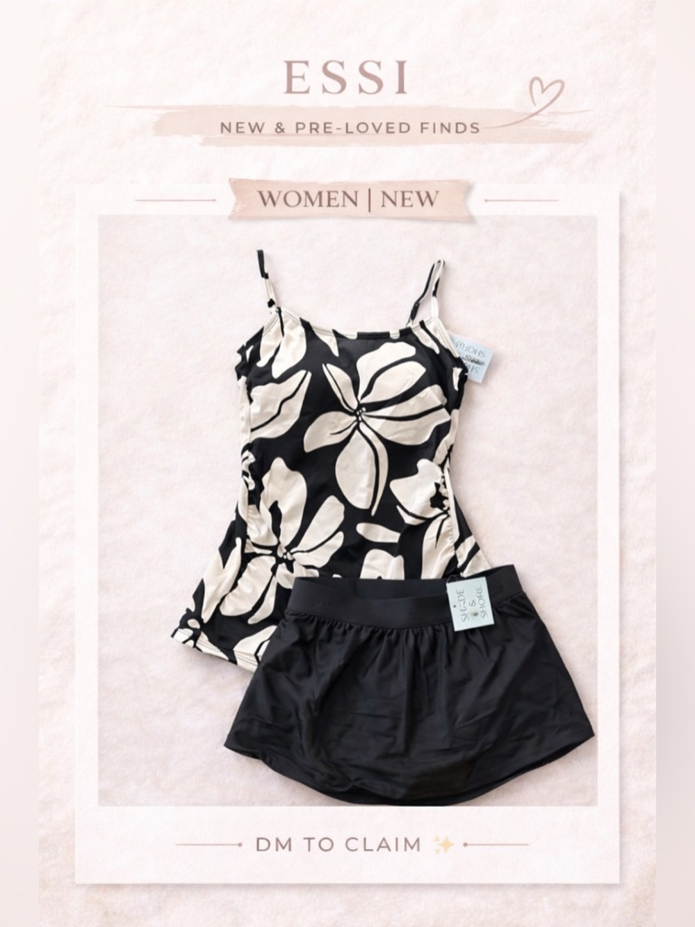 Black & Cream Floral Cami and Skort Swim Set